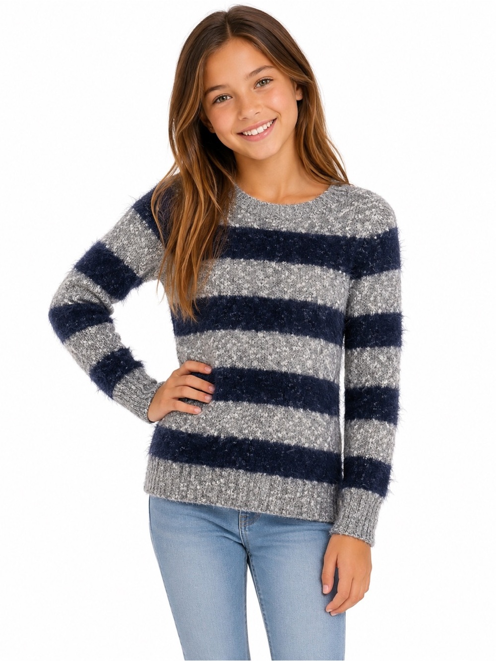 Abercrombie Kids Girls Size Medium Gray and Navy Blue Striped Women's Sweater